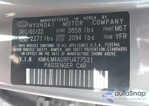 2023 Hyundai Elantra Sel z USA, uszkodzony, nr VIN KMHLM4AG9PU477531